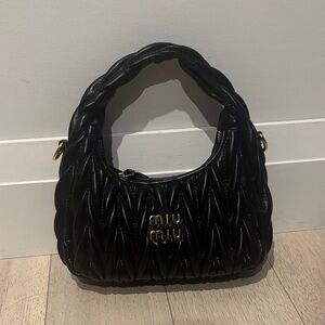 Miu Miu Black Quilted Matelassé Shoulder Bag with Gold Logo